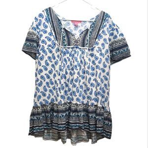 Woman Within Blue Black Paisley Babydoll Top Tiered Ruffle Hem Plus Size 18/20